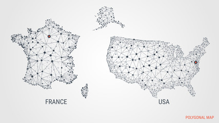 Wall Mural - vector illustration. a polygonal map. france. usa. abstract 3d image. dots and lines. neural network