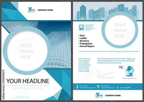 Blue Leaflet Template with Geometric Elements and Skyscrapers on White Backgr...