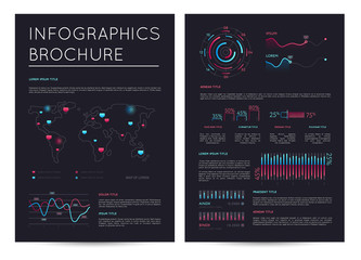 Wall Mural - Financial brochure with various infographics in dark style. Abstract data visualization, commercial business analytics, investment report vector illustration. Corporate business presentation template.