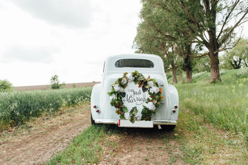 Beautiful wedding car with plate JUST MARRIED