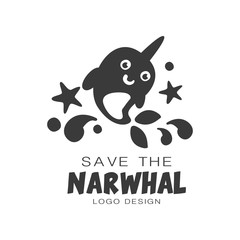 Wall Mural - Save the narwhal logo design, protection of wild animal black and white sign vector Illustrations on a white background