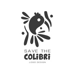 Wall Mural - Save the colibri logo design, protection of wild animal black and white sign vector Illustrations on a white background