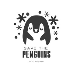 Poster - Save the penguins logo design, protection of wild animal black and white sign vector Illustrations on a white background