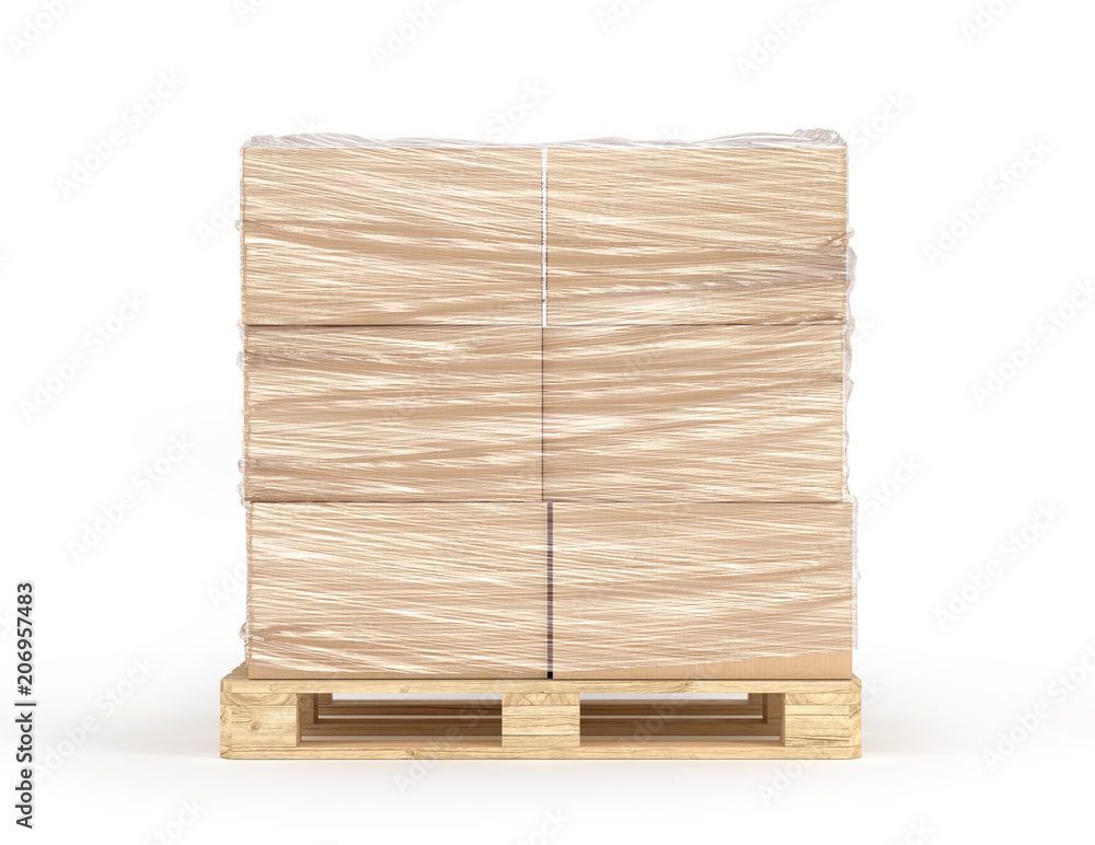 Cardboard boxes wrapped polyethylene on wooden pallet isolated on white background. 3d illustration - obrazy, fototapety, plakaty 