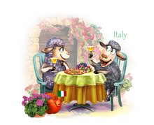 Two Sheep Are Sitting In An Italian Cafe