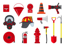 Vector Illustration. Set Of Equipment For Firefighters.
