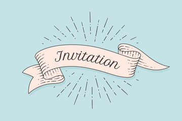 Wall Mural - invitation. greeting card with ribbon and word invitation. old ribbon banner in engraving style. old