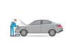 © studioworkstock - Auto mechanics in uniform check and repair engine icon. Car diagnostics and repair services vector illustration.