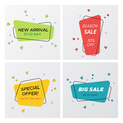 Wall Mural - Set of flat geometric sale banner in trendy concept. Simple graphic round corners rectangle shape promo sticker with vivid colors. Vector illustration with sale tags for business promotion.