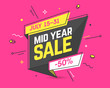 © piai - Mid Year Sale banner template in flat trendy memphis geometric style, retro 80s - 90s paper style poster, placard, web banner design