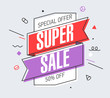 © piai - Super Sale banner template in flat trendy memphis geometric style, retro 80s - 90s paper style poster, placard, web banner design