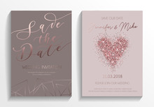 Wedding Invitation Card Set. Modern Design Template With Rose Gold Glitter Heart And Lettering. Elegance Wedding Invitation With Geometric Elements. Vector Illustration..