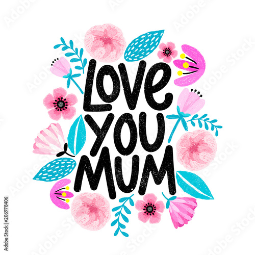 Cute Card For Mother S Day With Floral Frame In Cartoon Style Love You Mum Grunge Texture Modern Lettering Design Stock Vector Adobe Stock