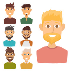 Wall Mural - Character of various expressions bearded man face avatar and fashion hipster hairstyle head person with mustache vector illustration.