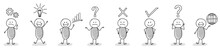Set Of Hand Drawn Cartoon Stickmen With Business And Finance Icons. Vector.