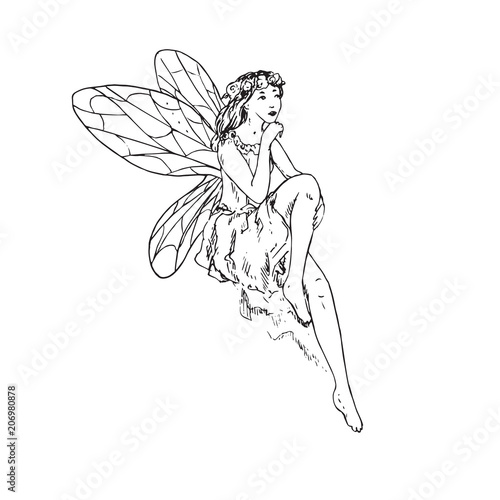 Beautiful young fairy sitting, hand drawn outline doodle sketch, black