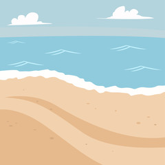 Summer background with beach and sea. Vector cartoon landscape illustration.