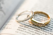 Wedding ring bands sitting on open book Holy Bible Love is patient phrase