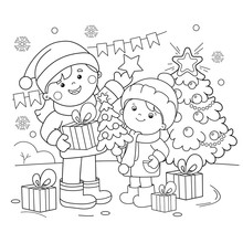 Coloring Page Outline Of Children With Gifts At Christmas Tree. Christmas. New Year. Coloring Book For Kids