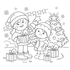 Coloring Page Outline Of children with gifts at Christmas tree. Christmas. New year. Coloring book for kids