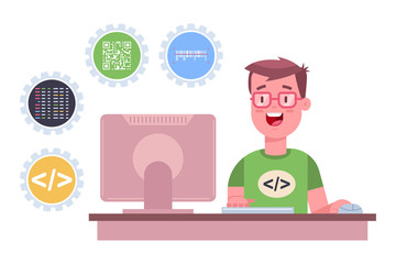 Programmer is working on the software. Vector cartoon flat illustration of a freelance web developer with computer isolated on a white background.