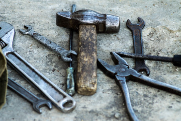 Mechanic tools. Authentic tools. Set of different garage tools.