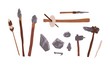 Collection of prehistoric stone tools. Bundle of rock weapons and equipment used by archaic human or caveman for hunting, fire lighting, manual work. Flat cartoon colorful vector illustration.