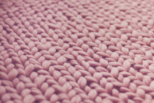 Texture Of Pink Knit Blanket. Large Knitting. Plaid Merino Wool.