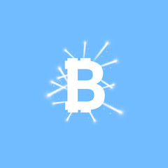 Wall Mural - Digital bitcoins symbol with light effect and firework on blue backgraund.