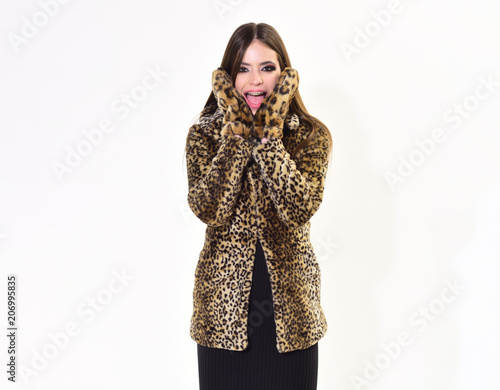 Winter Fashion And Beauty Leopard Fur At Stylish Girl Fur Coat