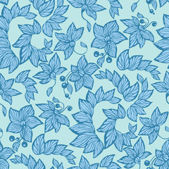 Seamless pattern in blue colors in vector graphic  with flowers, beads and leaves