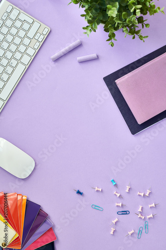 Top View Flatlay Composition Of Girly Lifestyle Items On Pastel Purple Background Computer Keyboard Office Supplies And Color Swatches On Desk In Designers Office Copy Space Buy This Stock Photo And