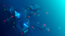 Blockchain Concept Banner. Isometric Digital Blocks Connection With Each Other And Shapes Crypto Chain. Blocks Or Cubes, Connection Consists Digits. Abstract Technology Background. Vector Illustration
