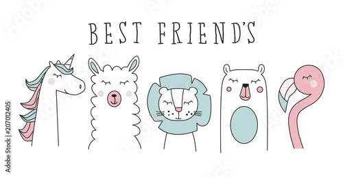 Cuadros en Lienzo unicorn, llama, lion, bear and flamingo, animal cartoon vector set illustration