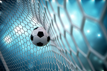 3d rendering soccer ball in goal. Soccer ball in net with spotlight and stadium light background, Success concept. Soccer ball on blue background.