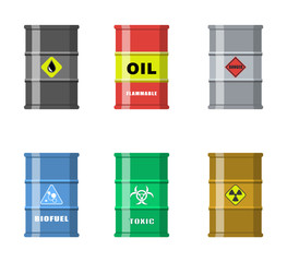 Vector illustration. Set of metal barrels, different applications.