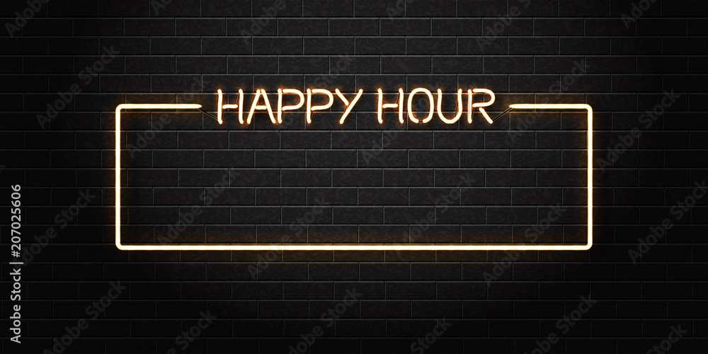 Vector realistic isolated neon sign of Happy Hour frame for decoration and covering on the wall background. Concept of night club, free drinks, bar counter and restaurant. - obrazy, fototapety, plakaty 
