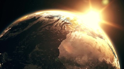 Wall Mural - highly detailed realistic epic sunrise over planet earth. europe night city skyline view from space.