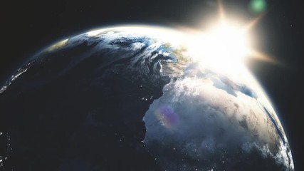Wall Mural - highly detailed realistic epic sunrise over planet earth. europe night city skyline view from space.