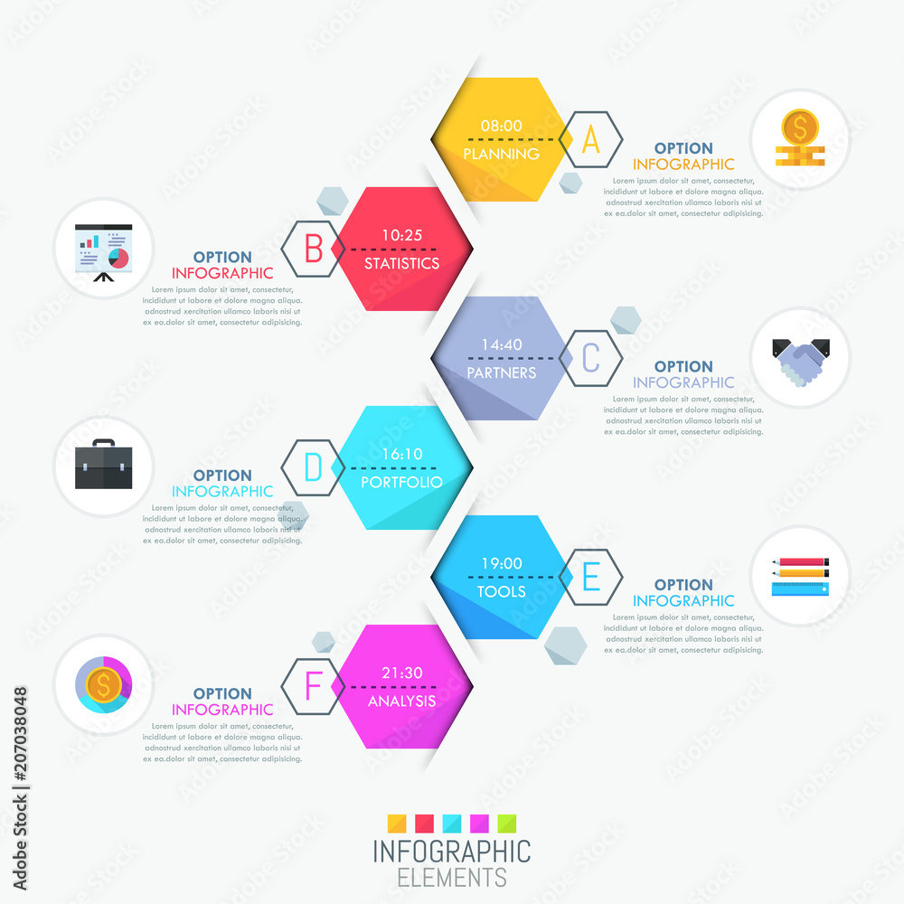 Infographic design layout, vertical timeline and 6 lettered hexagonal ...