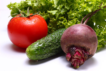 Poster - Tomato, beets, lettuce and cucumber on a white background