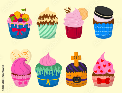 Set of cute vector cupcakes and muffins chocolate celebration birthday food s...