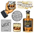 Vintage American whiskey badge. Alcoholic Label with calligraphic elements. Hand drawn engraved sketch lettering for t-shirt. Classic frame for bottle poster banner. Glass with strong drink.