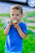 © ungvar - Portrait of boy with a apple in his hand and green grass in the background