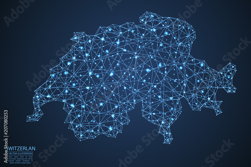 Fotografía A map of Switzerland consisting of 3D triangles, lines, points, and connections