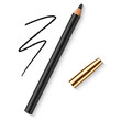 Realistic vector eyes pencil for beautiful makeup. Decorative cosmetic black eyeliner with golden cap and dark pencil strokes.