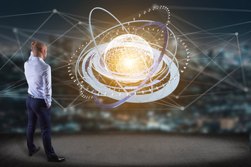 Sticker - Businessman in front of a wall with connected earth globe concept icon on a futuristic interface