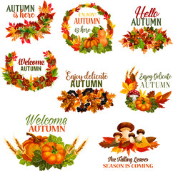 Poster - Autumn Welcome Hello Fall vector leaf wreath icons