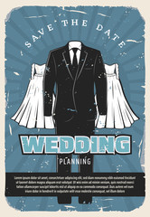 Wall Mural - Wedding retro poster with bridal dress and suit