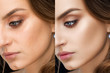 Retouch face of beautiful brunette woman before and after.
